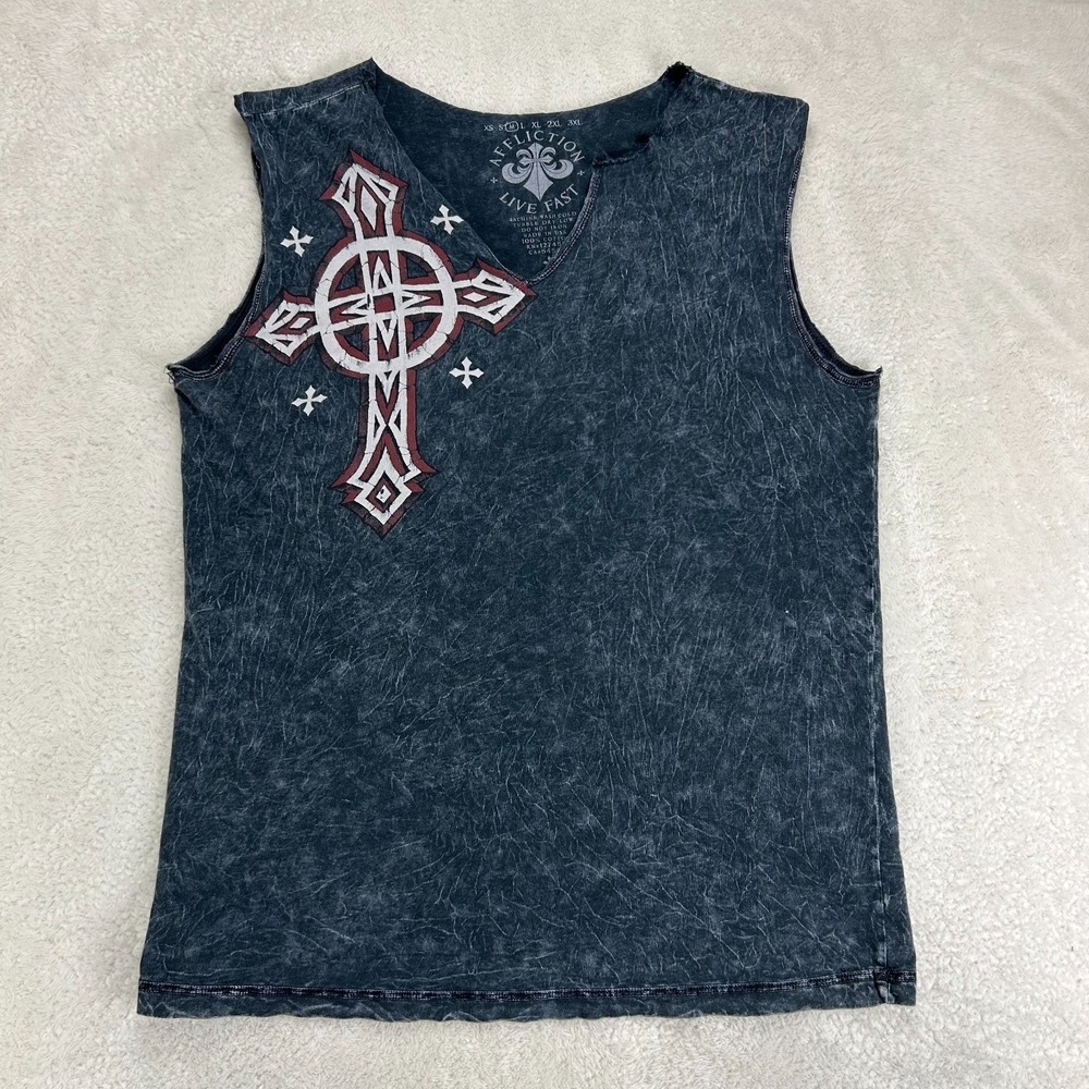 Affliction Live Fast Tank Top Mens M Black Cotton Crossed Over Cutoff Grunge Y2K